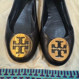 Tory Burch Black Flats with Gold Emblem